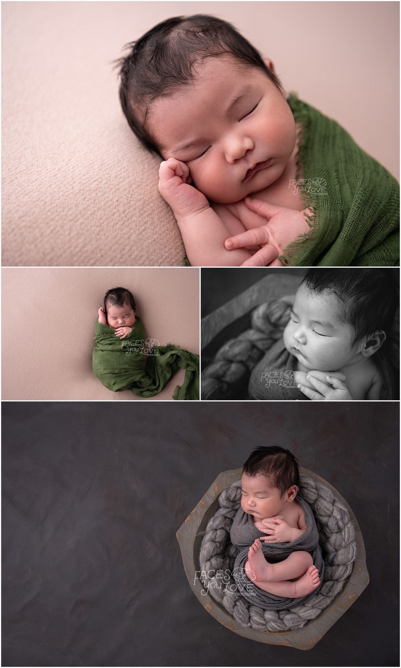 baby boy in greens and grays, newborn session, wrapped newborn poses, wrapped mini, newborn mini session, newborn session Kansas City 