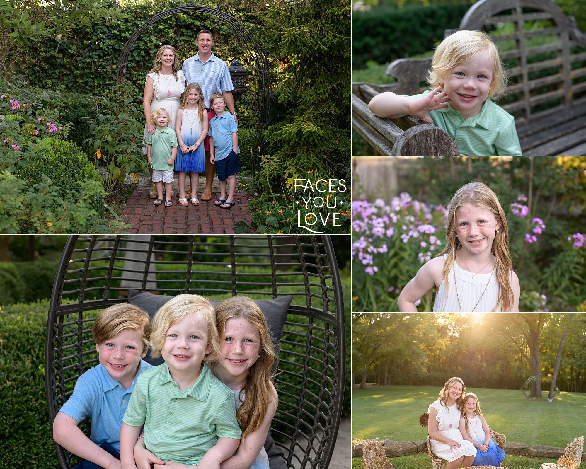 Collage of family photos taken in a flower garden with brick paths, wooden benches, and beautiful color. Photographed at Stilwell wedding and event space Gather at Red Cedar Gardens, by photographer Helen Ransom of Faces You Love.